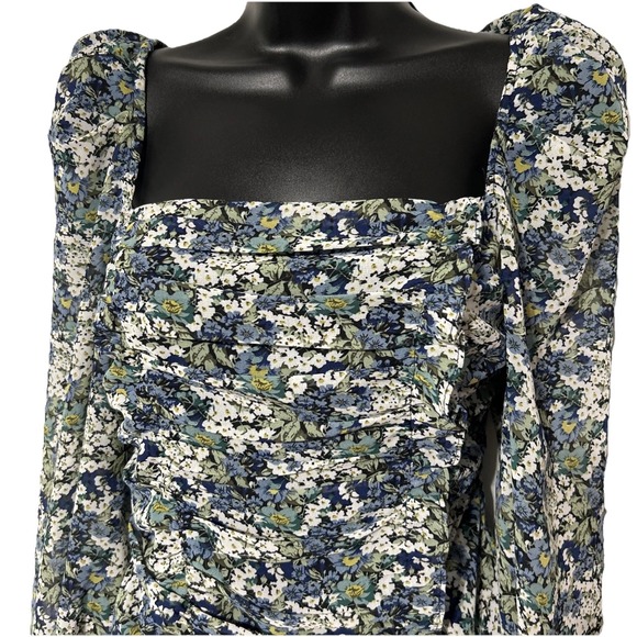 ASTR The Label Tonina Top Puff Sleeve Ruched Bodice in Blue Green Floral Size S - Picture 4 of 7